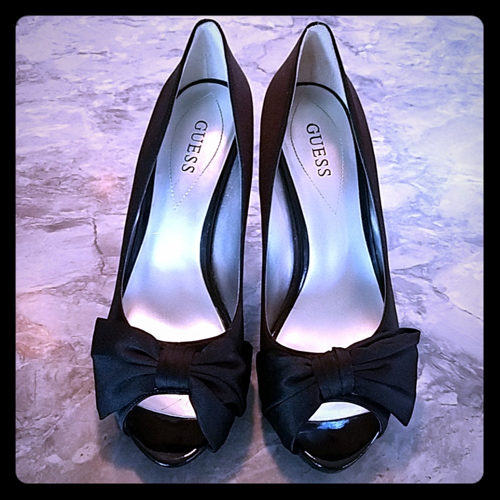 Guess black satin peep-toe heels